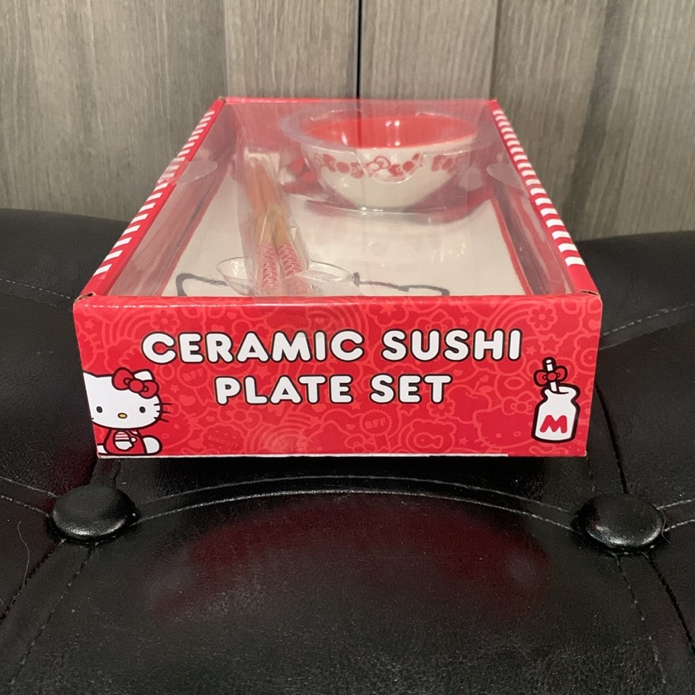 New Hello Kitty Red Japanese Sushi Ceramic Plate Set With Chopsticks By Sanrio - Picture 6 of 8